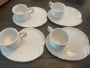 Vintage MCM Set of 4 Snack Plates & Cups (1950s) Gold Trimmed Signed M Feher - Picture 1 of 7