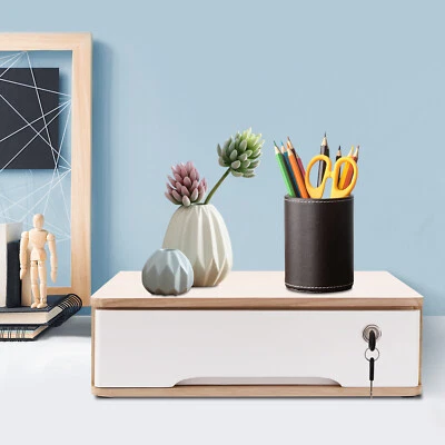 Desktop Storage Box w/ Lockable Drawer Wooden Office Supplies Drawer Organizer - Image 1 of 4