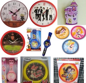 CHILDREN BOYS GIRLS NOVELTY CHARACTER ROUND OR SHAPED WALL HANGING CLOCKS  - Picture 1 of 10