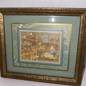 Nativity Hand-colored Etched Print Jesus Christmas Gold Gilt Gesso Frame 6x7” - Picture 1 of 13