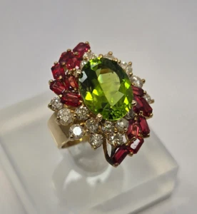 Authentic Cocktail Ring Peridot Diamonds Garnets 14k 585 Yellow Gold Size 5.25 - Picture 1 of 3