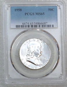 1958 P Franklin Half Dollar PCGS MS65 90% FBL White Frosty Luster PQ #T88A - Bild 1 von 4