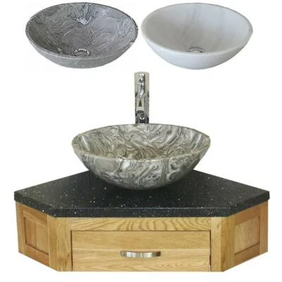 Bathroom Vanity Unit Oak Corner Wash Stand Black Quartz & Stone Basin 501W - Image 1 of 4