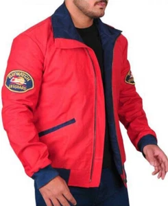 Men's Baywatch-Inspired Red Lifeguard Bomber Jacket – Softshell Cotton Costume - Picture 1 of 7