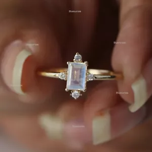 Natural 0.55 Ct Moonstone Baguette Ring Diamond Solid 14k Yellow Gold Jewelry - Picture 1 of 5