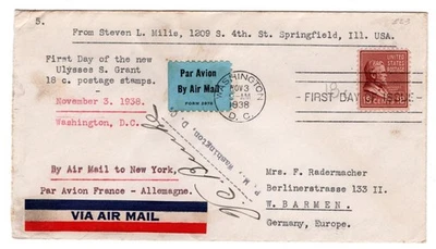 #823 Presidential Series 18c Ulysses S. Grant 1938 FDC - Typed Cachet to Germany - Image 1 of 2