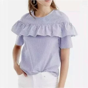 J Crew Edie Striped Ruffle Bodice Cotton Poplin Blouse Top Blue White Sz 16 - Picture 1 of 10