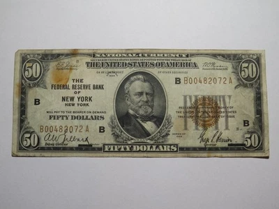 $50 1929 New York City National Currency Note Federal Reserve Bank Note Bill VF - Image 1 of 3