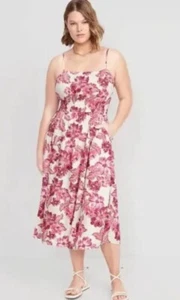 New Old Navy women's L Waist-Defined Floral Linen-Blend Smocked Midi Cami Dress - Picture 1 of 9