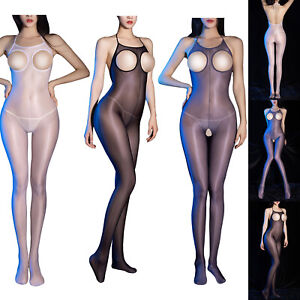 Women's Glossy Bodystocking Bodysuit See Through Mesh Silky Jumpsuits Nightwear