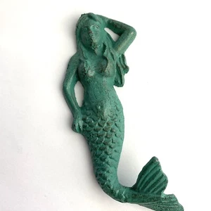Mermaid Wall Hook Cast Iron Coat Hanger Ocean Nautical 5.75" Tall Aqua Blue - Picture 1 of 6