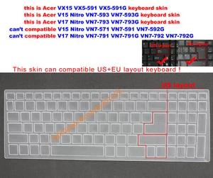 Keyboard Protector Skin Cover for Acer Aspire VN7-593G VN7-793G VX15 VX5-591G - Picture 1 of 5