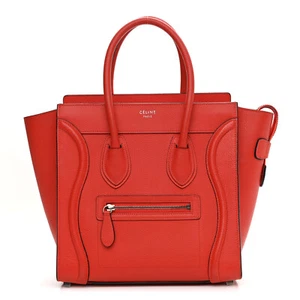 Celine Drummed Calfskin Micro Luggage Vermillion Leather Tote Hand Bag Authentic - Picture 1 of 9