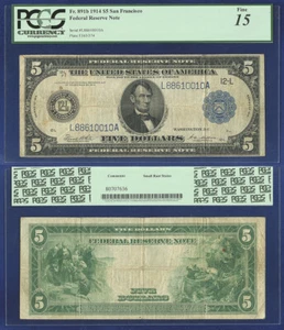 USA 1914 FEDERAL RESERVE $5 SAN FRANCISCO TYPE "B Fr. 891b PCGS FINE 15 - Picture 1 of 1