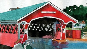 West Swanzey Covered Bridge, NH. Colorful closeup. Watercolor art prints. - Picture 1 of 1