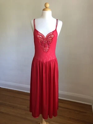 ПОТРЯСАЮЩИЙ ВИНТАЖНЫЙ ADONNA красный нейлон и эластичный кружева бисером ночная рубашка белье SZ M - Изображение 1 из 4