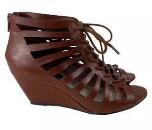 Material Girl Brown Gladiator Cut Out Peep Toe Wedge Sandals Size 7 - Picture 1 of 12