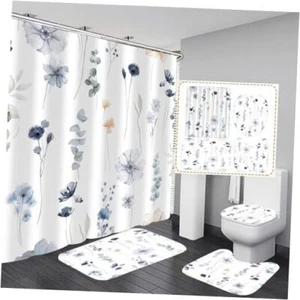 4Pcs Watercolor Shower Curtain Set with Non-Slip Rugs, Toilet Lid Cover Flower - Picture 1 of 6