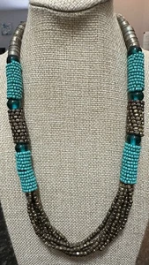 VTG 22” Tribal Style Gold & Turquoise Color Seed Bead Necklace Bali Southwestern - Picture 1 of 10
