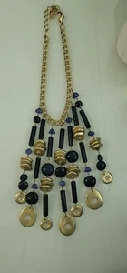 CHICO'S Gold & Navy Blue Lucite Beaded Statement NECKLACE - Picture 1 of 3