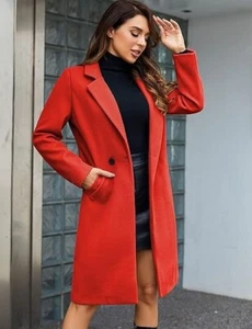 Tanming Women's Notch Lapel Double Breasted Mid Long Pea Trench Coat, Red,Medium - Picture 1 of 11