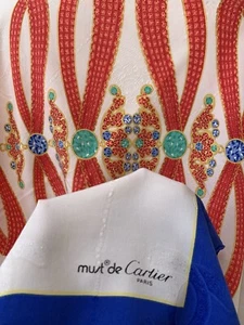 MUST DE CARTIER PARIS JEWELRY BLUE SQUARE Silk scarf Has Stain H32/33in #A108 - Picture 1 of 7