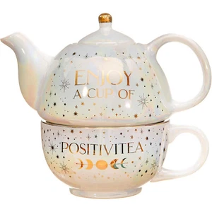 Tea For One Teapot Cup - Porcelain Celestial Moon White Metallic - PositiviTEA - Picture 1 of 2