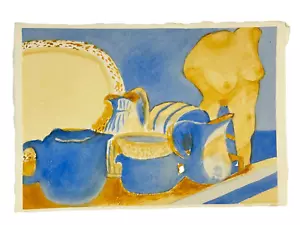 Painting by Artist S. Chalet 11x7.5 Still Life Blue Vases & Nude Female Statue A - Picture 1 of 4
