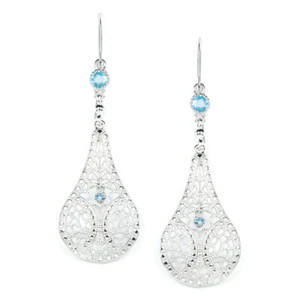 SWISS BLUE TOPAZ FILIGREE EARRINGS STERLING SILVER DANGLE TEARDROP VINTAGE STYLE - Picture 1 of 1