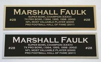 Placa de identificación Marshall Faulk para foto de casco de fútbol americano camiseta autografiada firmada Foto 1 de 2