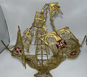 Vintage Portugiesische Galeone Filligree goldfarbene Schiffsfigur - Bild 1 von 4