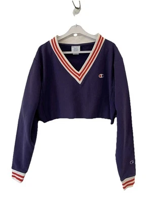 Pullover Champion tejido inverso para mujer pequeño recortado cuello en V púrpura rojo blanco #Z55 Foto 1 de 4