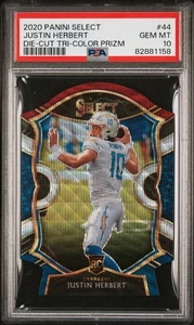 2020 Panini Select #44 Justin Herbert Tri-Color Prizm Die-Cut RC Rookie PSA 10 - Foto 1 di 2