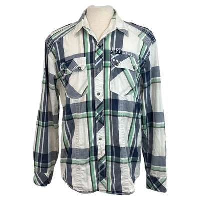 Camisa masculina Affliction preta premium 2XL bordada fina L/S xadrez com botões - Imagem 1 de 4