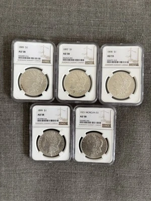 Lot - 5 AU NGC Morgan Silver Dollars - 1889, 1897, 1898, 1899, 1921 - Image 1 of 2