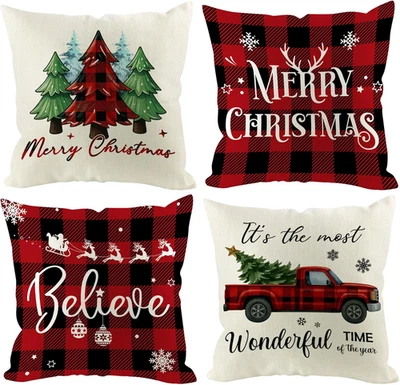 Juego de 4 fundas de almohada de Navidad de 18x18 pulgadas, vacaciones invierno exterior rojo a cuadros Vi Foto 1 de 4