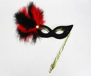 Masquerade Mask w/ Feathers Black Gold Red Carnival Mardi Gras Venetian - Picture 1 of 1