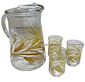 Vintage Libbey 2 QT Glass Pitcher w/ Ice Lip & 3 Glasses "Harvest Golden Wheat" - Picture 1 of 10