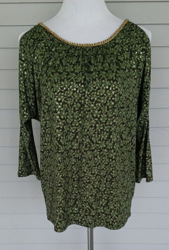 Top catena Michael Kors collo Med stampa verde e oro metallizzato spalla fredda NUOVO