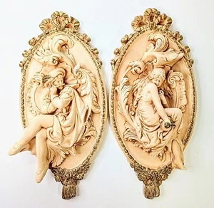 Renaissance Decor Set Of 2 Wall Plaques Large Plaster Sconces Mid-Century Art - Picture 1 of 22