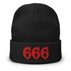 Red 666 Cuff Beanie – Gothic Embroidered Hat Number of the Beast Horror Satan  - Picture 1 of 9