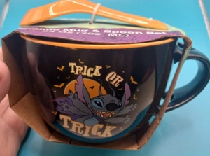 RARE Disney Halloween Boo Stitch Ceramic Mug Spoon Set Soup Coffee Ramen - Picture 1 of 6