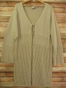 Vintage Y2K 90s Tan Crochet Knit Duster Sweater Maxi Long BOHO Cardigan Tie Neck - Picture 1 of 13