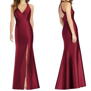 NEW D761 ALFRED SUNG Burgundy V-NECK HALTER Satin BRIDESMAID Trumpet SLIT GOWN 6 - Picture 1 of 9