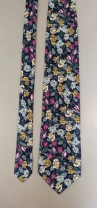 Vintage Lands' End Silk Necktie in Colorful Floral Print on Navy 3.4 x 58" - Picture 1 of 5