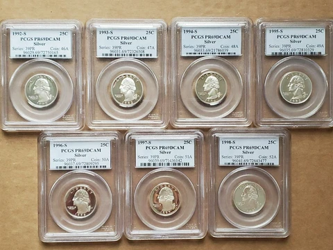 7 Different Washington Silver Quarters  PCGS PR69DCAM. 1992 S to 1998 S Cover