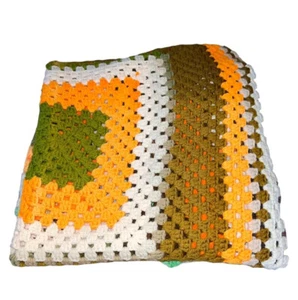 VTG Handmade Crochet Afghan Throw Blanket  Orange Green Brown 47”x44” - Picture 1 of 4