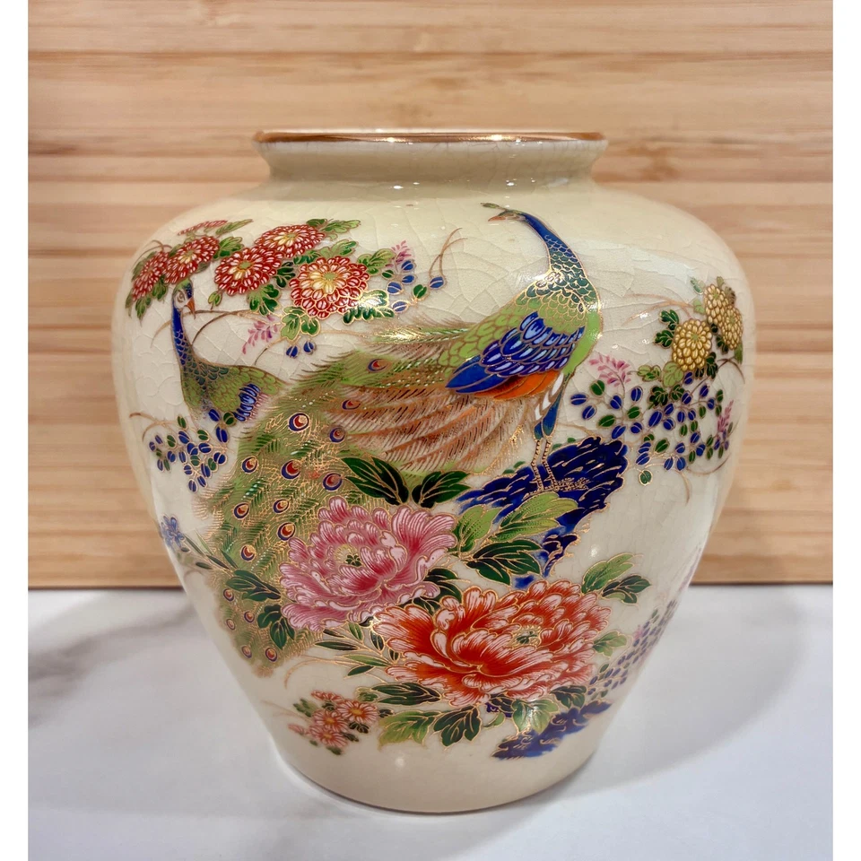 Japanese Satsuma Vase w/ Crackled Glaze & Hand Painted Peacocks & Lotus Flowers  - Image 1 of 4