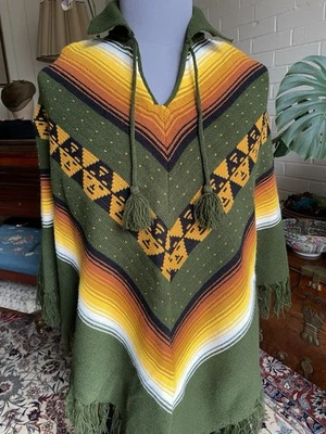 Винтажный 1970-х пончо мексиканский Serape плащ ацтеков шеврон в полоску с бахромой L - Изображение 1 из 4