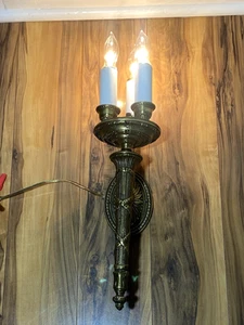 Vintage CAST BRASS Fancy Embossed Torch Style TRIPLE Electric Wall SCONCE #2 - Picture 1 of 19